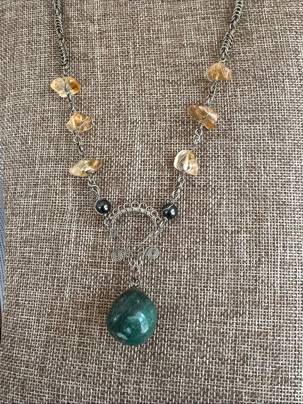 Artisan Green Stone Pendant Necklace with Citrine Beads